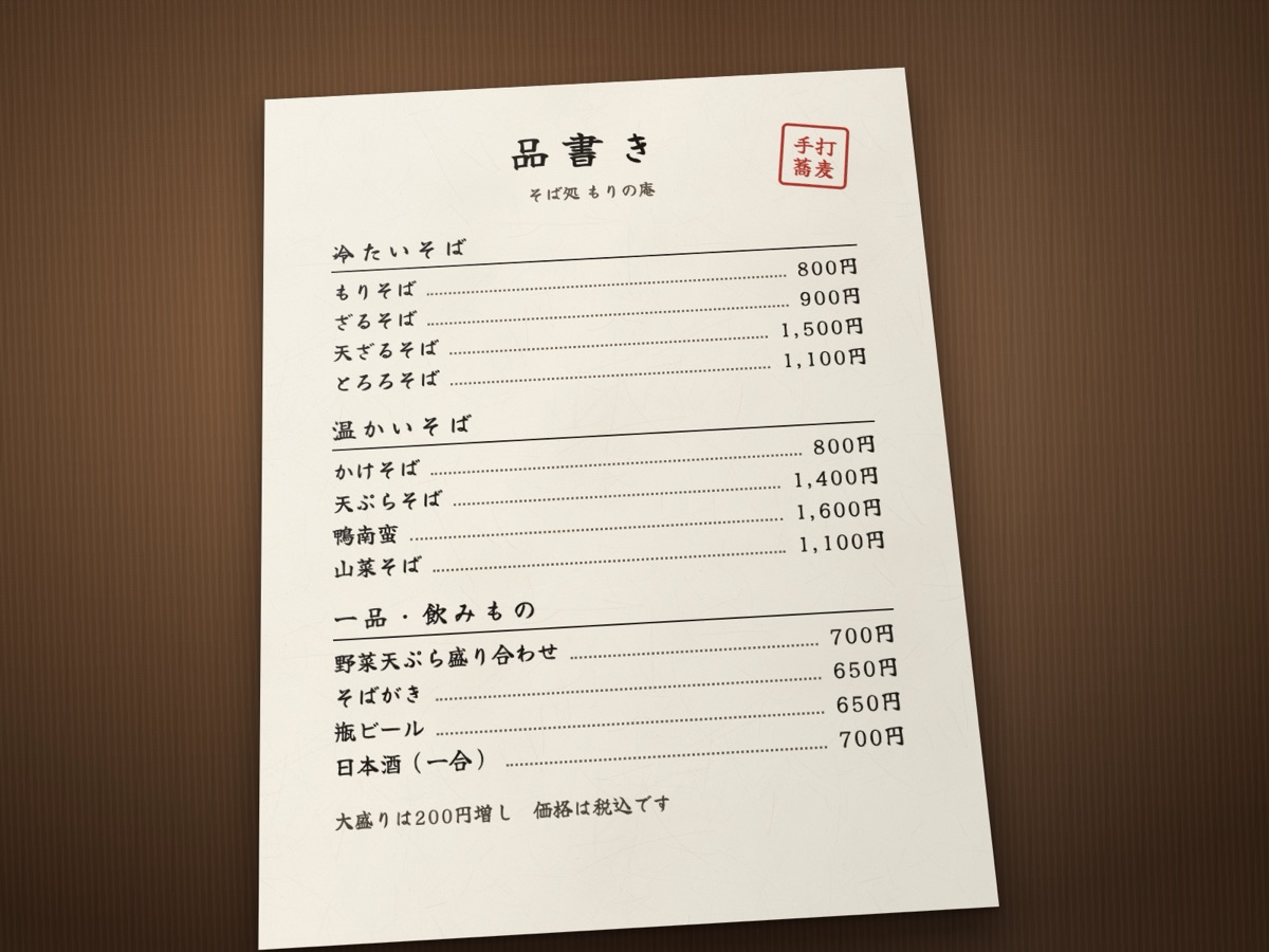 木の卓に置いた、手書きの日本語の品書きを撮った写真